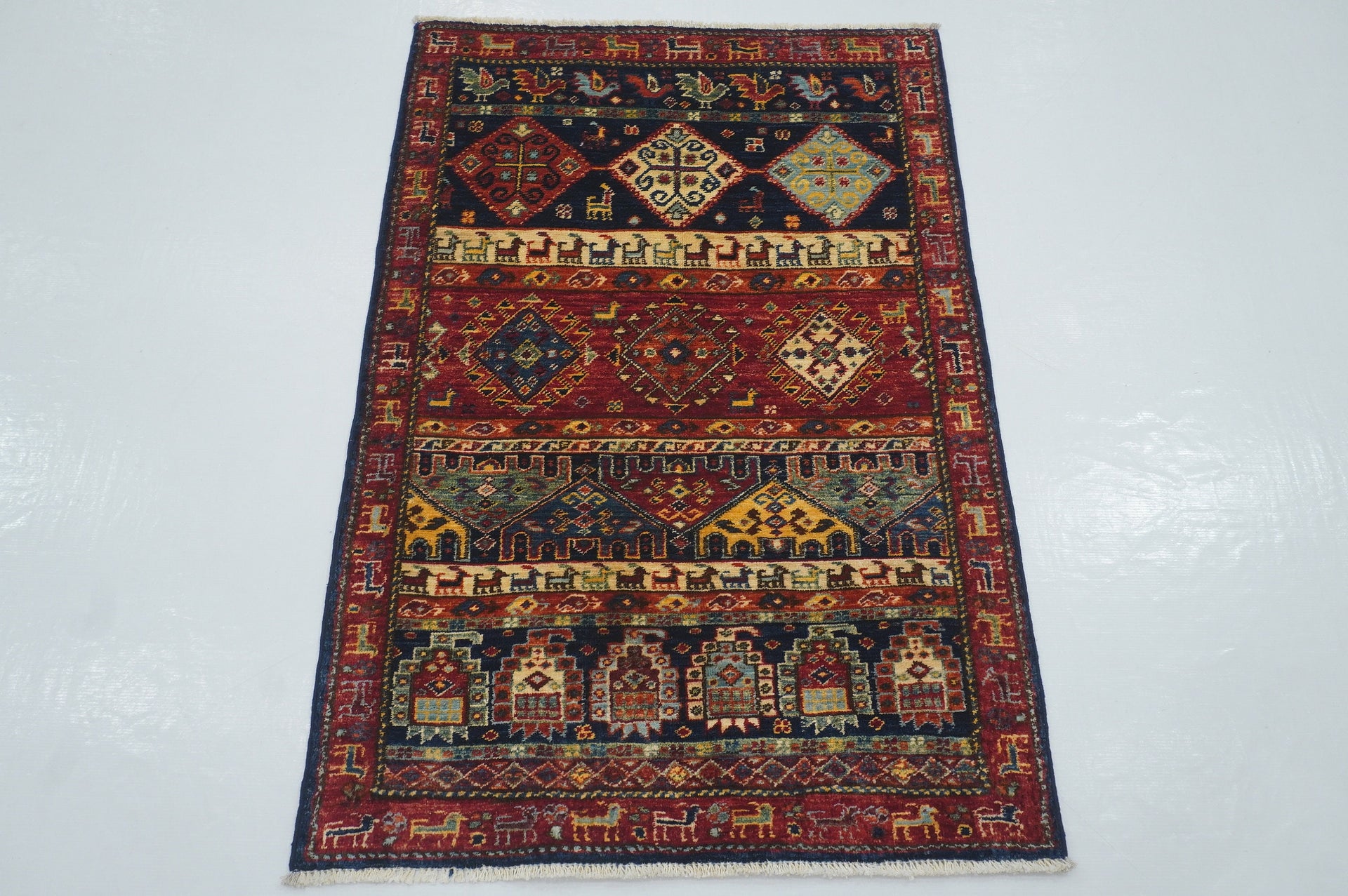 3x4 Gabbeh Red Navy Blue Nomadic Tribal Hand knotted Rug - Yildiz Rugs