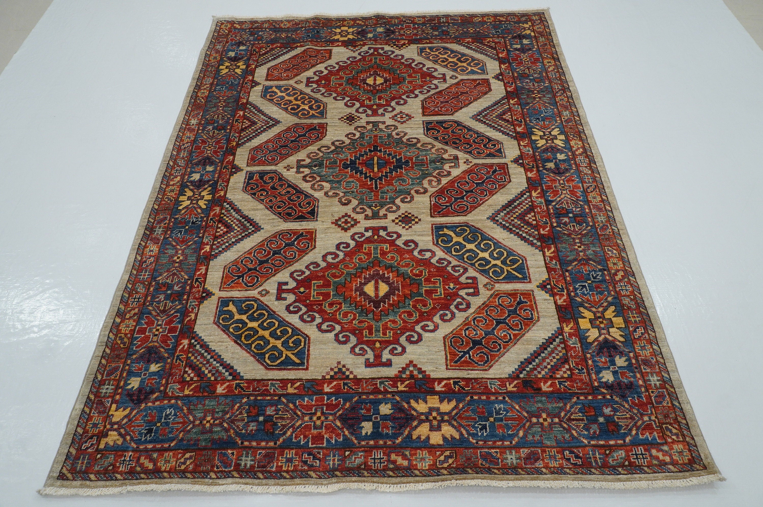 5x7 Gray Kazak Tribal Afghan Hand knotted Geometric Rug - Yildiz Rugs