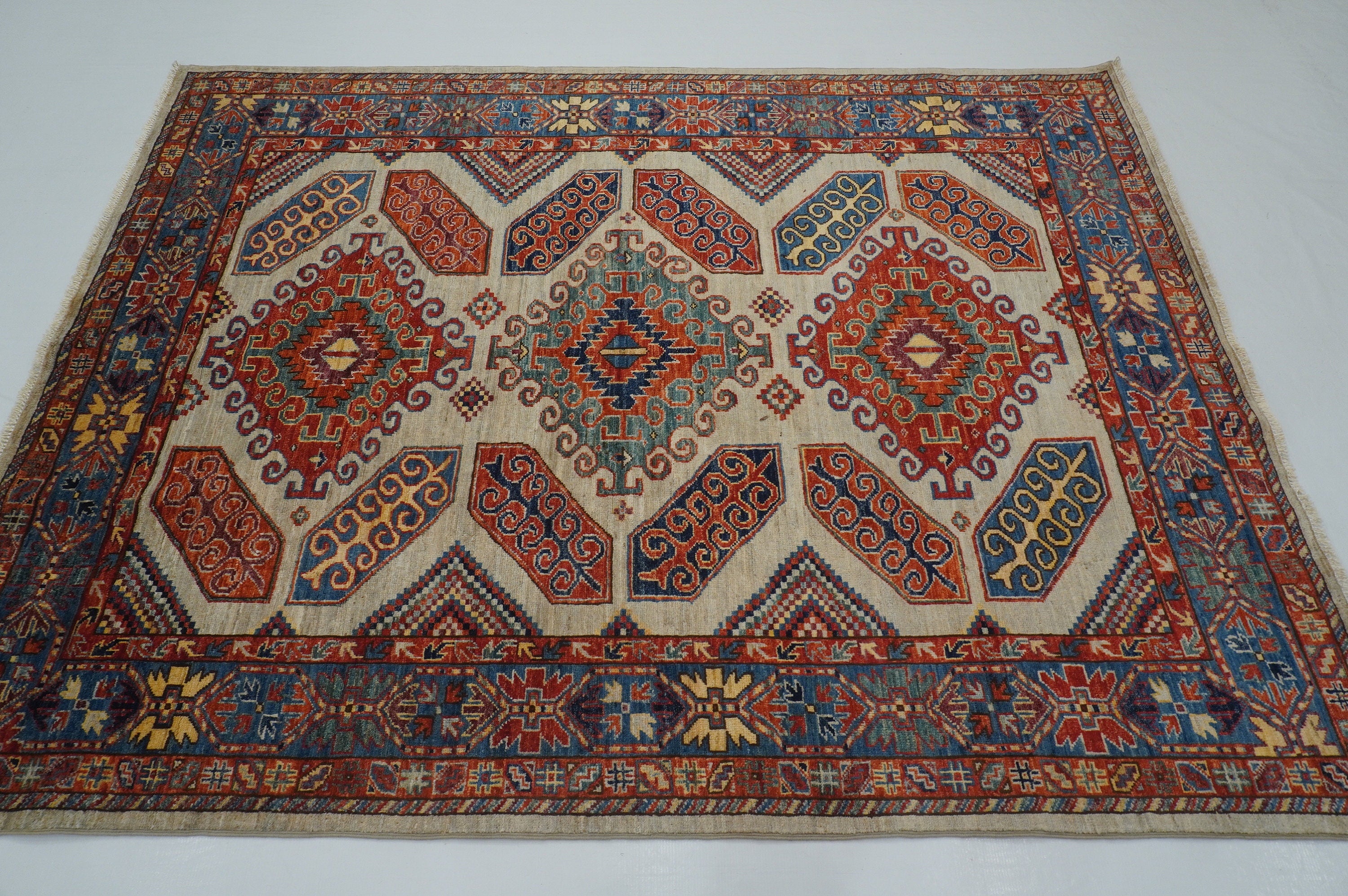 5x7 Gray Kazak Tribal Afghan Hand knotted Geometric Rug - Yildiz Rugs