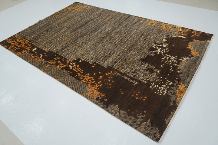6x9 Brown Modern Afghan Hand knotted Abstract Rug