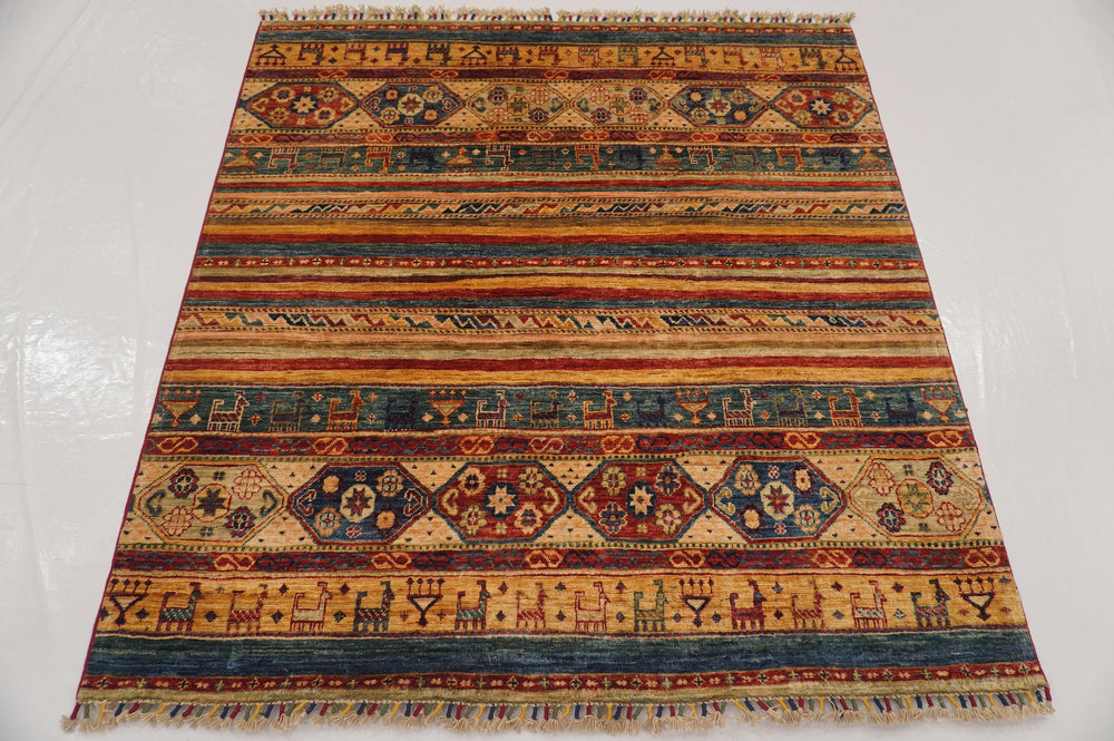 5x5 Tribal Gabbeh Red Multicolor Afghan Hand knotted Square Rug - Yildiz Rugs