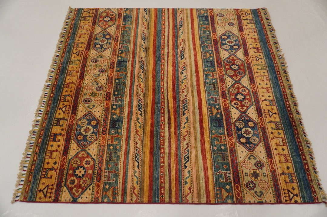 5x5 Tribal Gabbeh Red Multicolor Afghan Hand knotted Square Rug - Yildiz Rugs