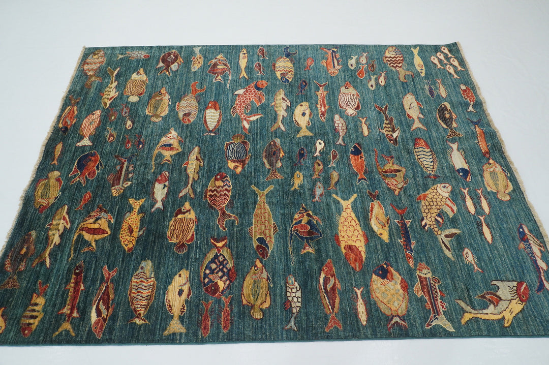 SOLD 5x7 Fish Gabbeh Dark Green Afghan Hand Knotted Rug