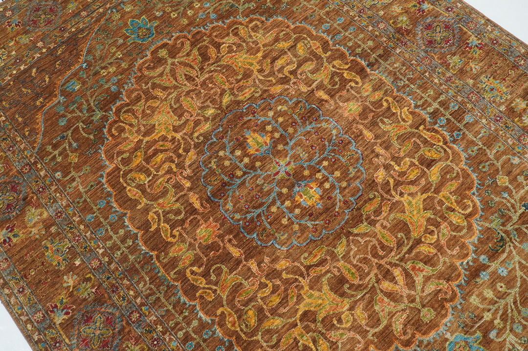 6x8 Brown Oushak Turkish Hand Knotted Medallion Area Rug