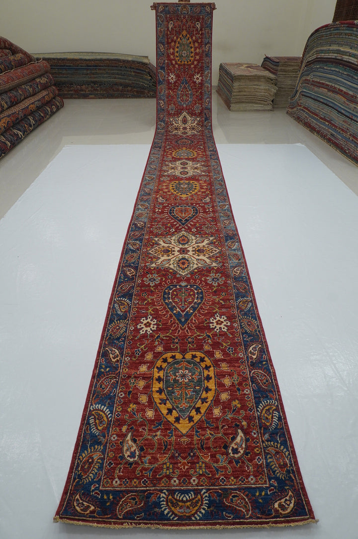 23 Ft Red Suzani Afghan Hand Knotted Extra Long Runner Rug - Yildiz Rugs