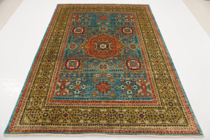 6x8 Mamluk Turquoise Blue Green Hand Knotted Turkish Medallion Rug - Yildiz Rugs