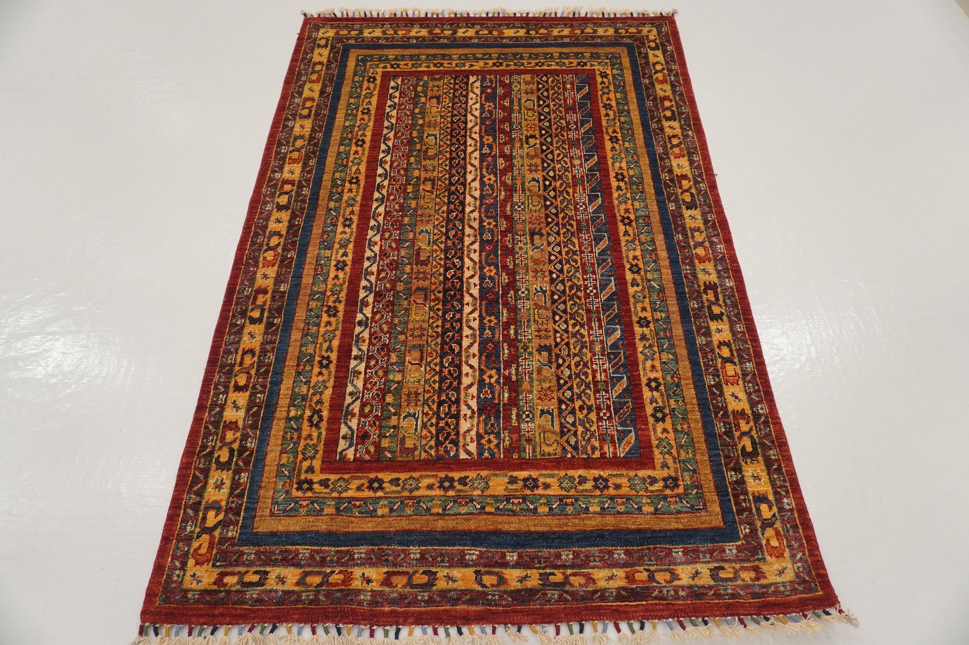 4x6 Tribal Turkish Red Shawl Hand knotted Striped Rug - Yildiz Rugs