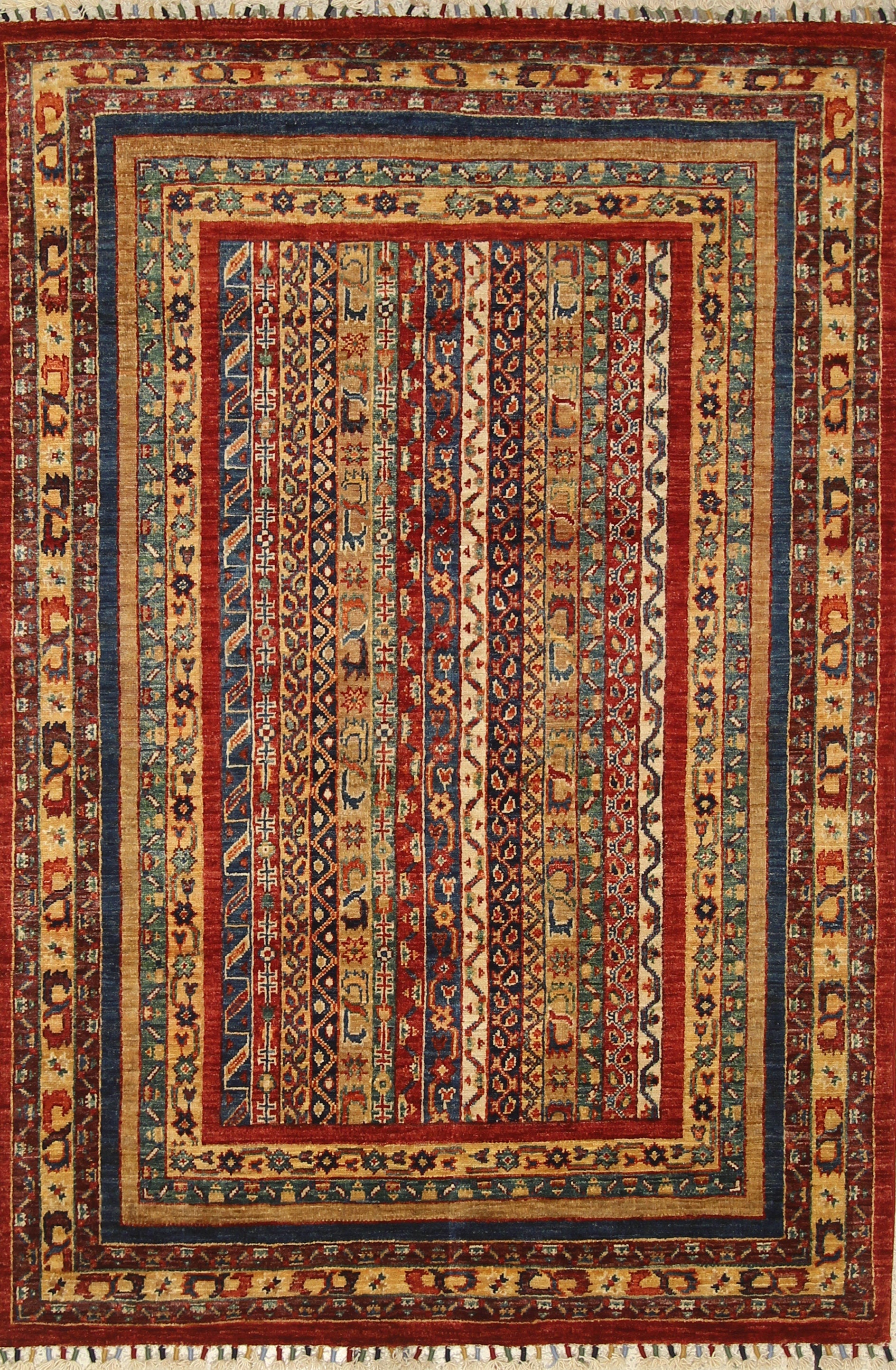 4x6 Tribal Turkish Red Shawl Hand knotted Striped Rug - Yildiz Rugs
