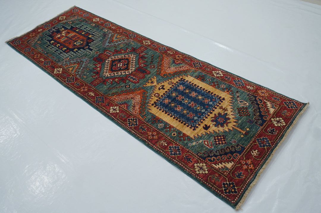 8 Ft Green Malayer Afghan hand knotted Oriental Runner Rug