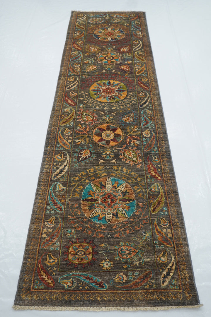 10 ft Gray Suzani Afghan hand knotted Runner Rug