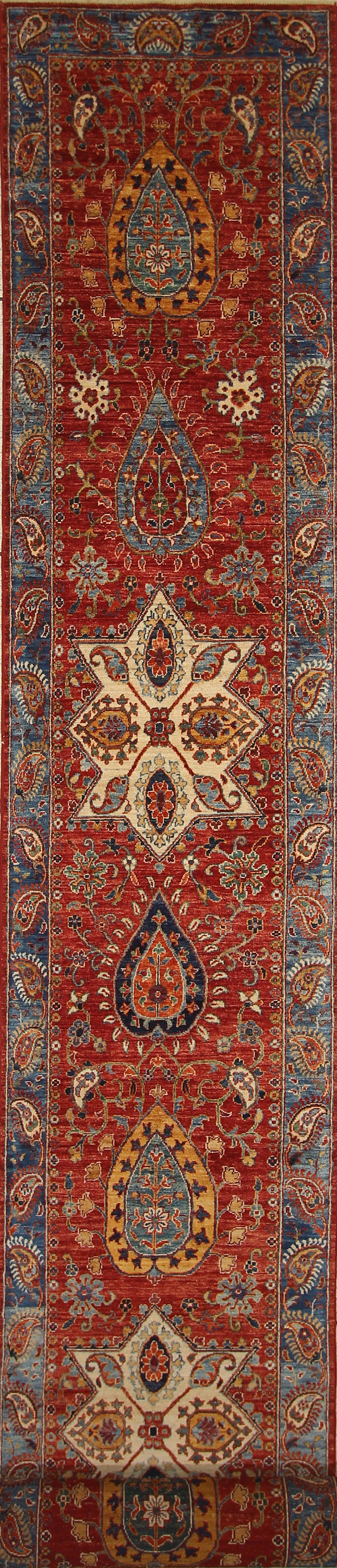 23 Ft Red Suzani Afghan Hand Knotted Extra Long Runner Rug - Yildiz Rugs