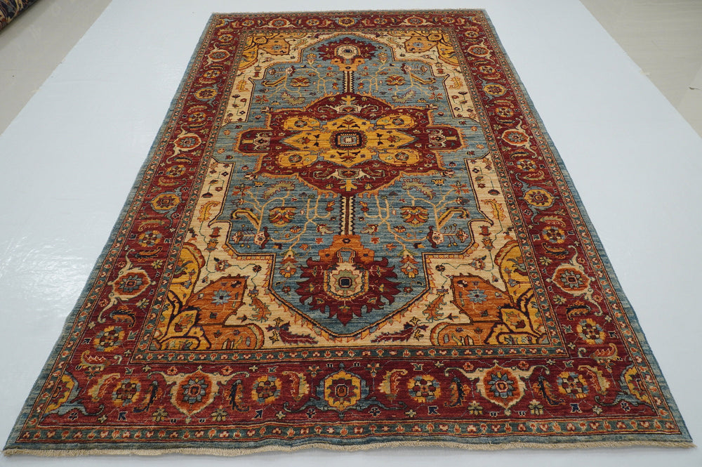 6x9 Blue Red Serapi Afghan Hand knotted Medallion Area Rug - Yildiz Rugs