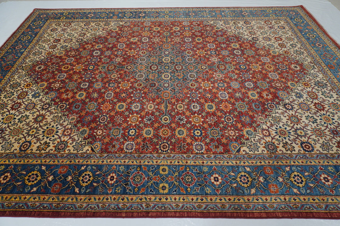 9x12 Bidjar Red Beige Blue Afghan Hand knotted Oriental Rug - Yildiz Rugs