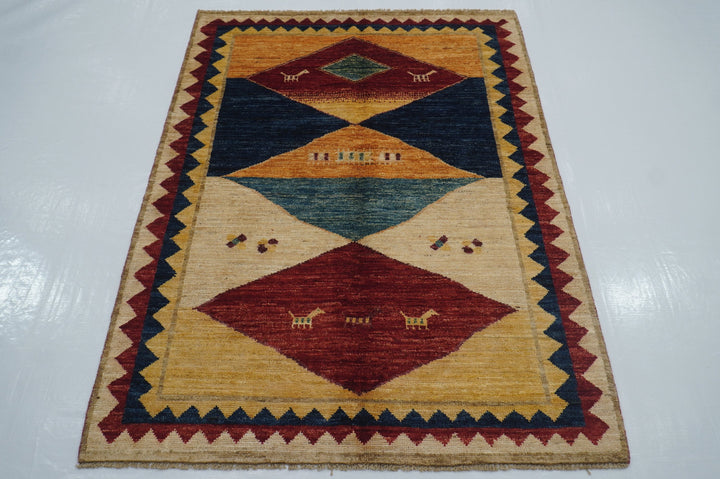 4x6 Tribal Gabbeh Beige Afghan Hand knotted Rug - Yildiz Rugs