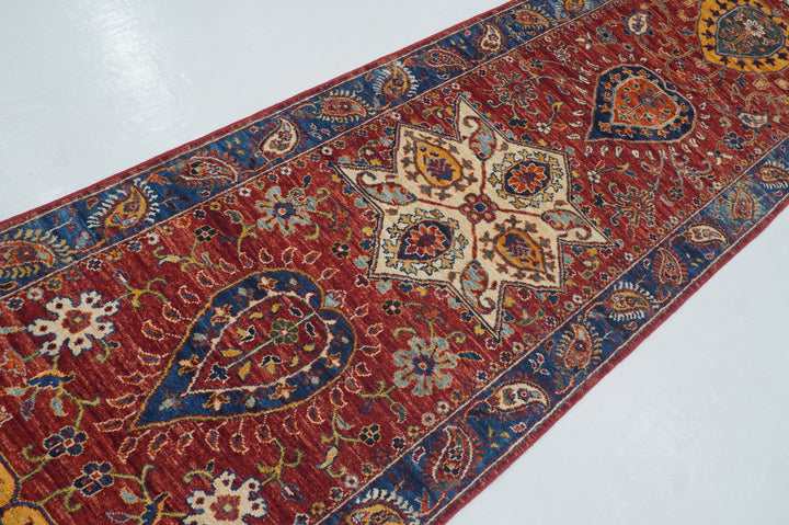 23 Ft Red Suzani Afghan Hand Knotted Extra Long Runner Rug