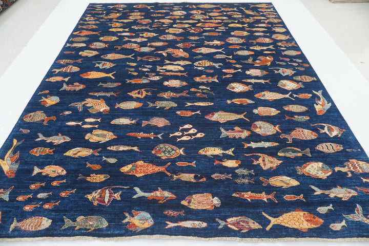 8x10 Fish Gabbeh Navy Blue Afghan Hand knotted Area Rug