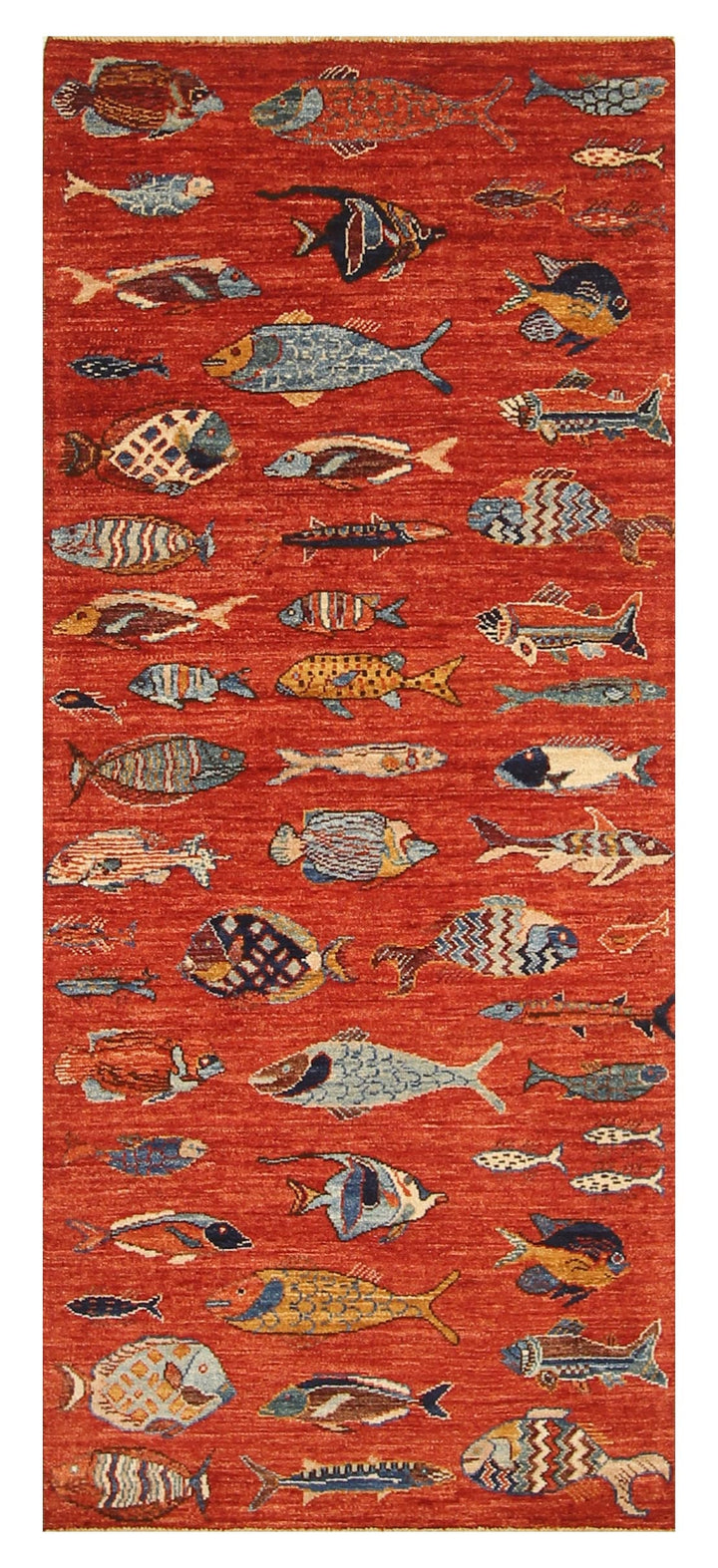 7 ft Red Fish Gabbeh Afghan Hand knotted Runner Rug