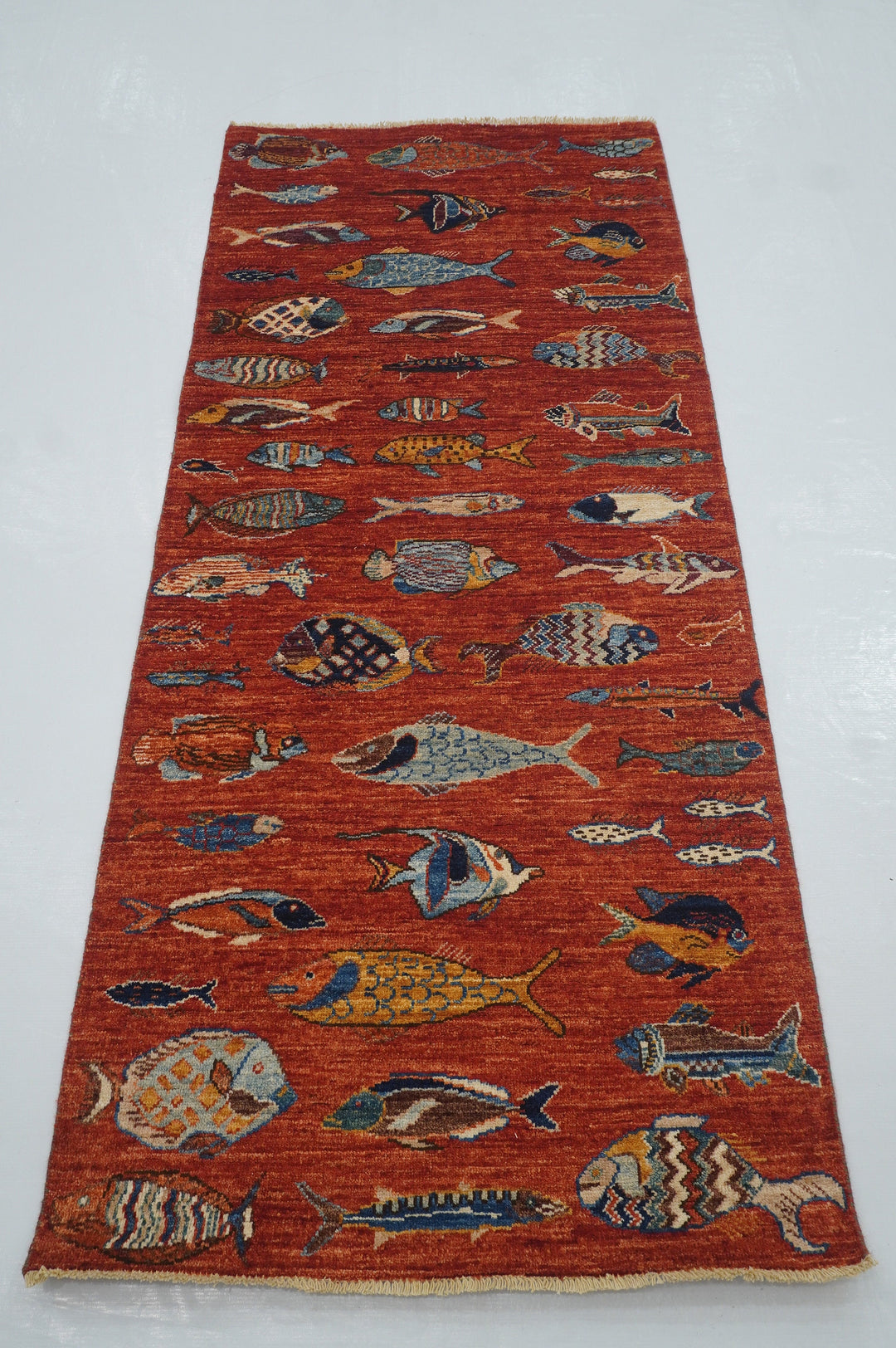 7 ft Red Fish Gabbeh Afghan Hand knotted Runner Rug