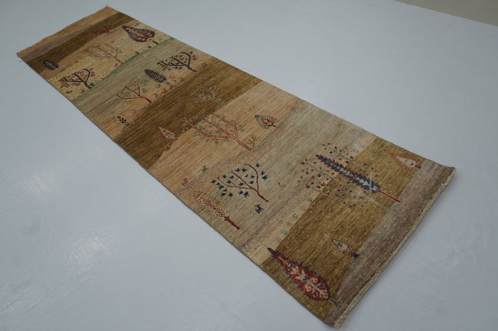 10 Ft Gabbeh Biege Brown Landscape Afghan Hand knotted Runner Rug - Yildiz Rugs