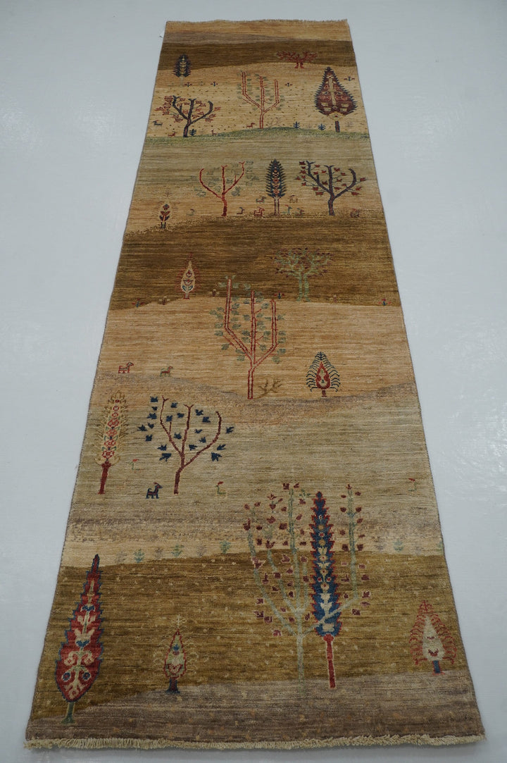 10 Ft Gabbeh Biege Brown Landscape Afghan Hand knotted Runner Rug - Yildiz Rugs