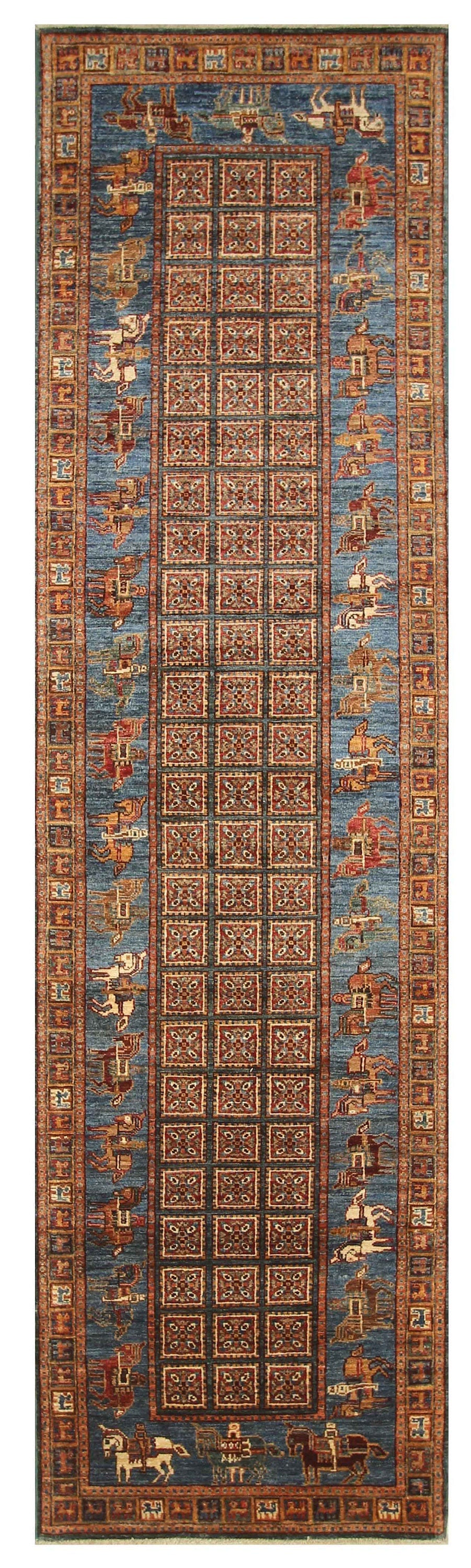 10 ft Blue Pazyryk Afghan Hand Knotted Oriental Runner Rug - Yildiz Rugs