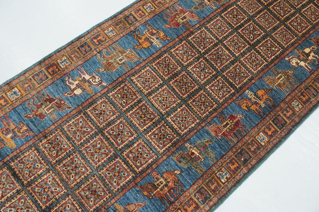 10 ft Blue Pazyryk Afghan Hand Knotted Oriental Runner Rug - Yildiz Rugs