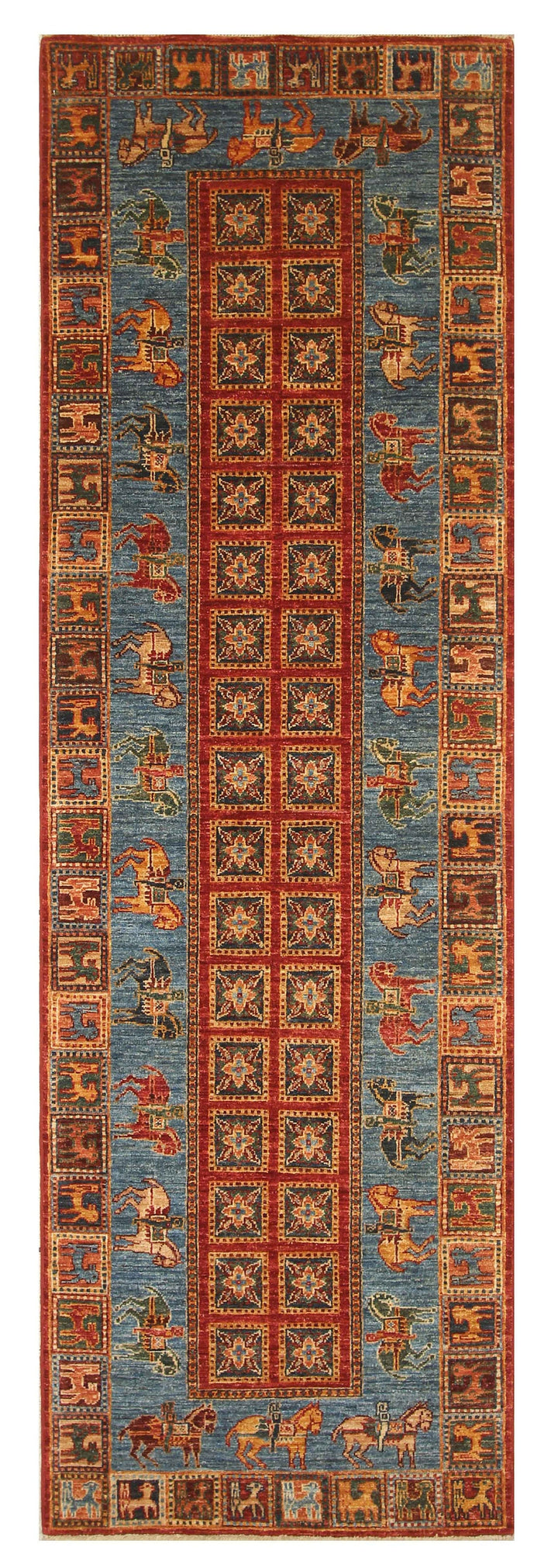 9 ft Blue Pazyryk Afghan Hand Knotted Oriental Runner Rug - Yildiz Rugs