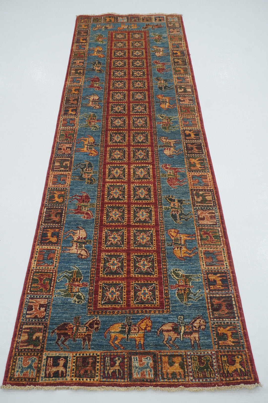 9 ft Blue Pazyryk Afghan Hand Knotted Oriental Runner Rug - Yildiz Rugs