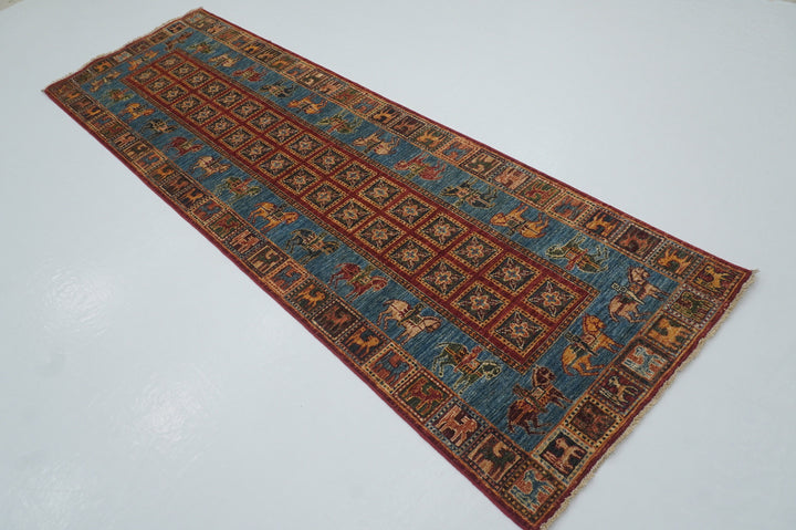 9 ft Blue Pazyryk Afghan Hand Knotted Oriental Runner Rug - Yildiz Rugs