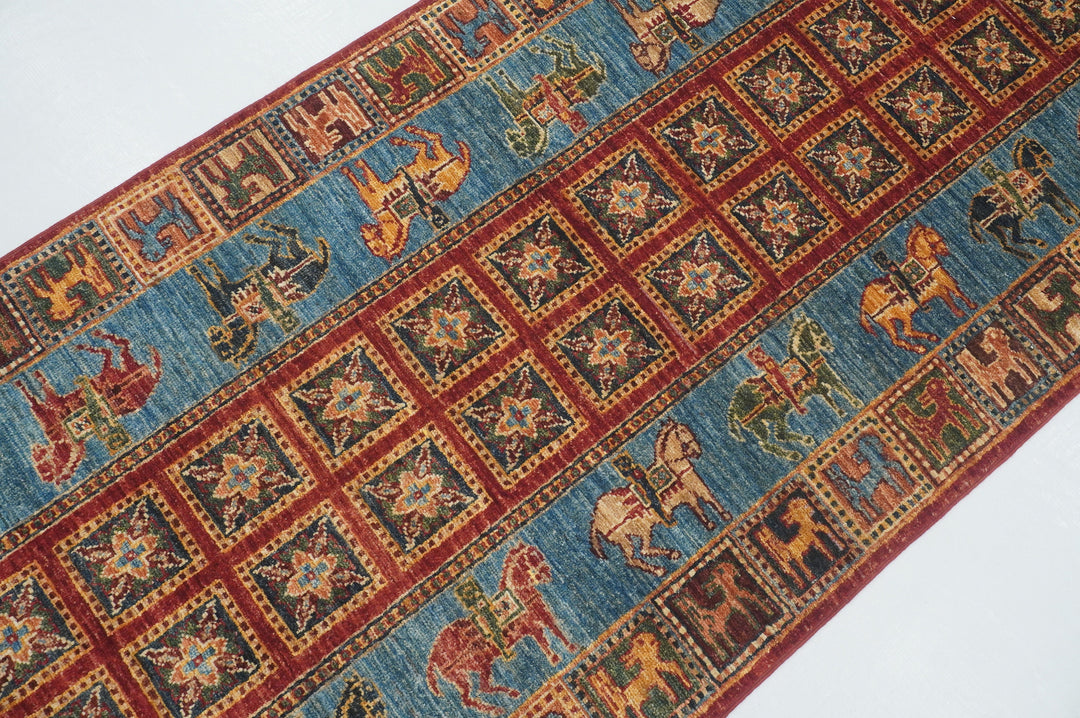 9 ft Blue Pazyryk Afghan Hand Knotted Oriental Runner Rug - Yildiz Rugs