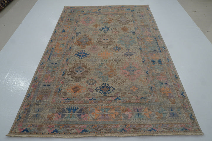 6x9 Baluch Muted Gray Afghan Hand Knotted Bohemian Area Rug - Yildiz Rugs