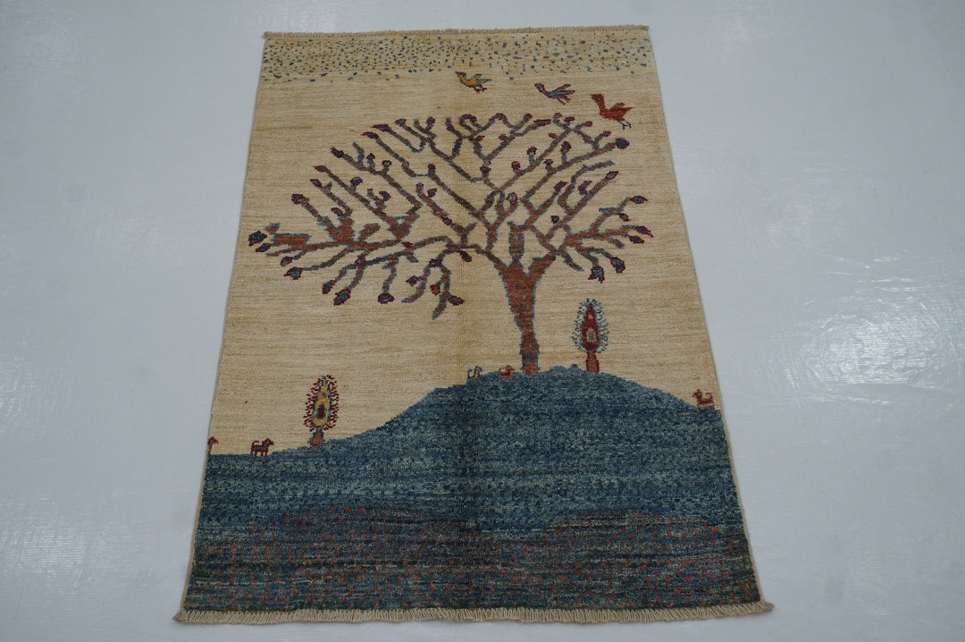 3x4 Tree Gabbeh Beige Tree of Life Afghan Hand Knotted Area Rug