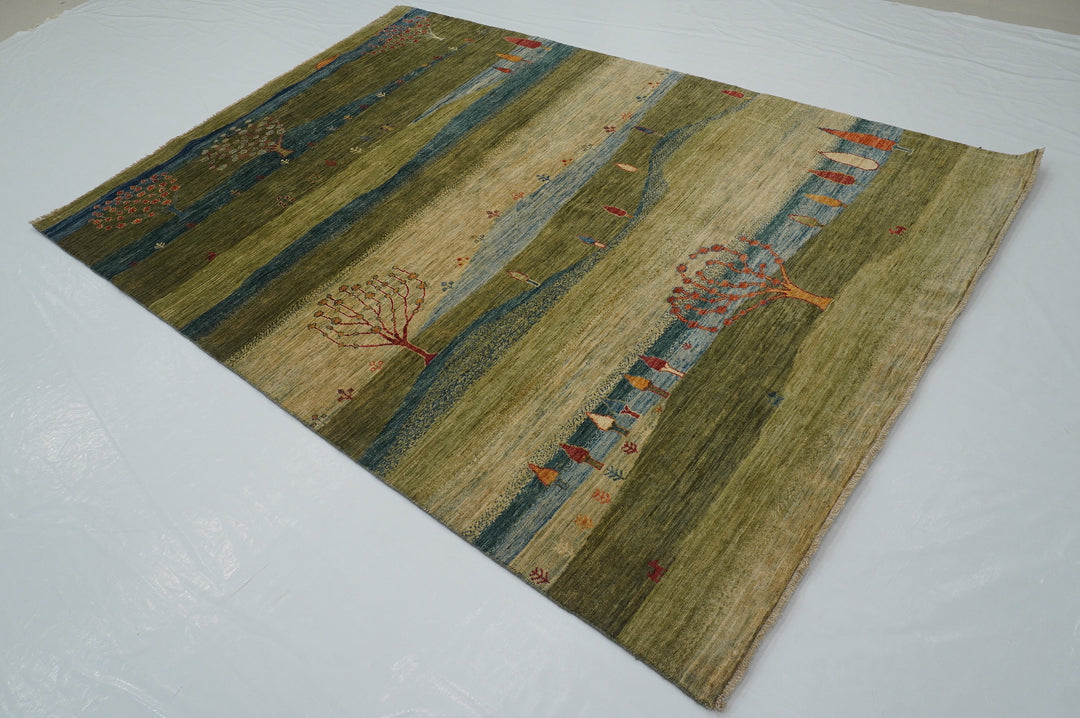 6x8 Green Gabbeh Tribal Landscape Afghan Hand Knotted Rug - Yildiz Rugs