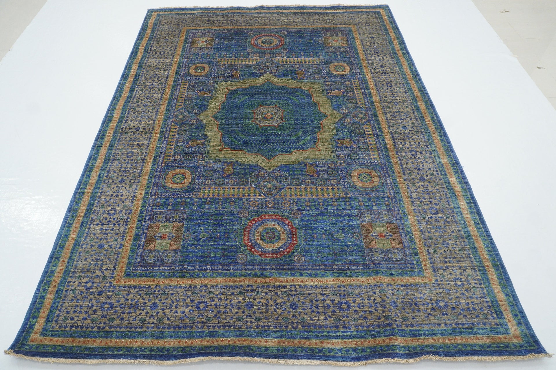 6x8 Blue Mamluk Turkish Hand Knotted Geometric Medallion Area Rug - Yildiz Rugs