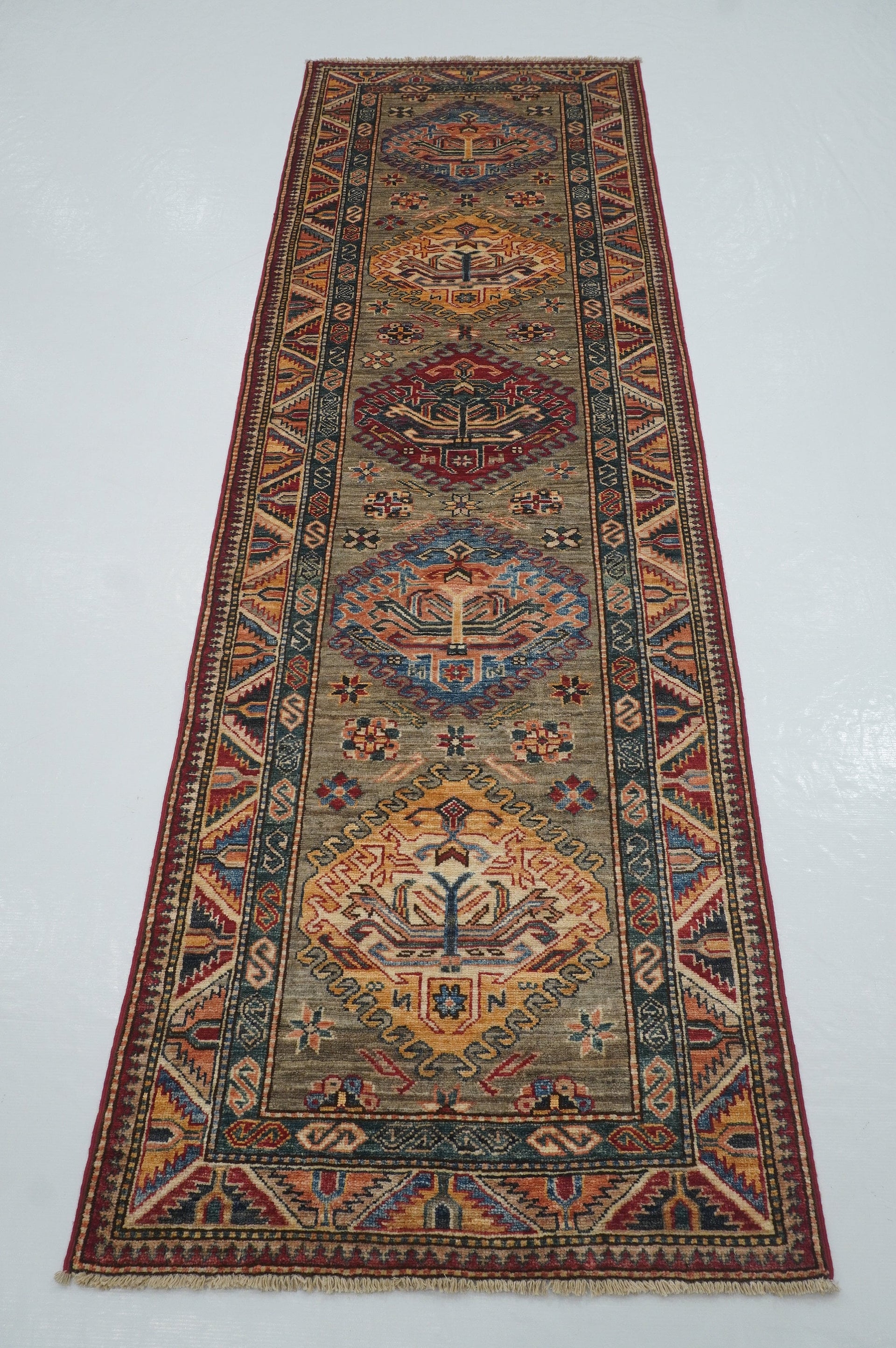 9 Ft Kazak Beige Gray Kazak Afghan Hand knotted Tribal Runner - Yildiz Rugs
