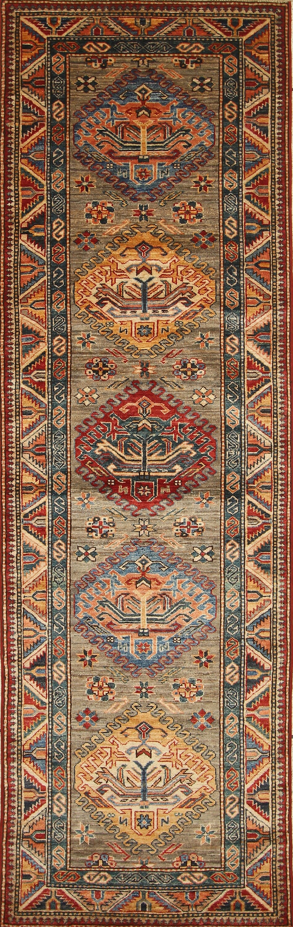 9 Ft Kazak Beige Gray Kazak Afghan Hand knotted Tribal Runner - Yildiz Rugs