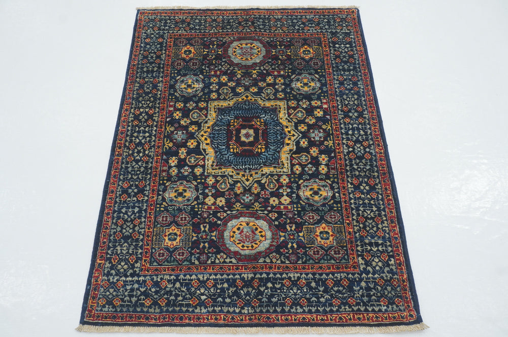 3x4 Navy Blue Mamluk Hand knotted Turkish Area Rug - Yildiz Rugs