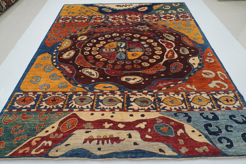 8x10 Kaitag Multicolor Afghan Gabbeh Hand knotted Modern Rug - Yildiz Rugs