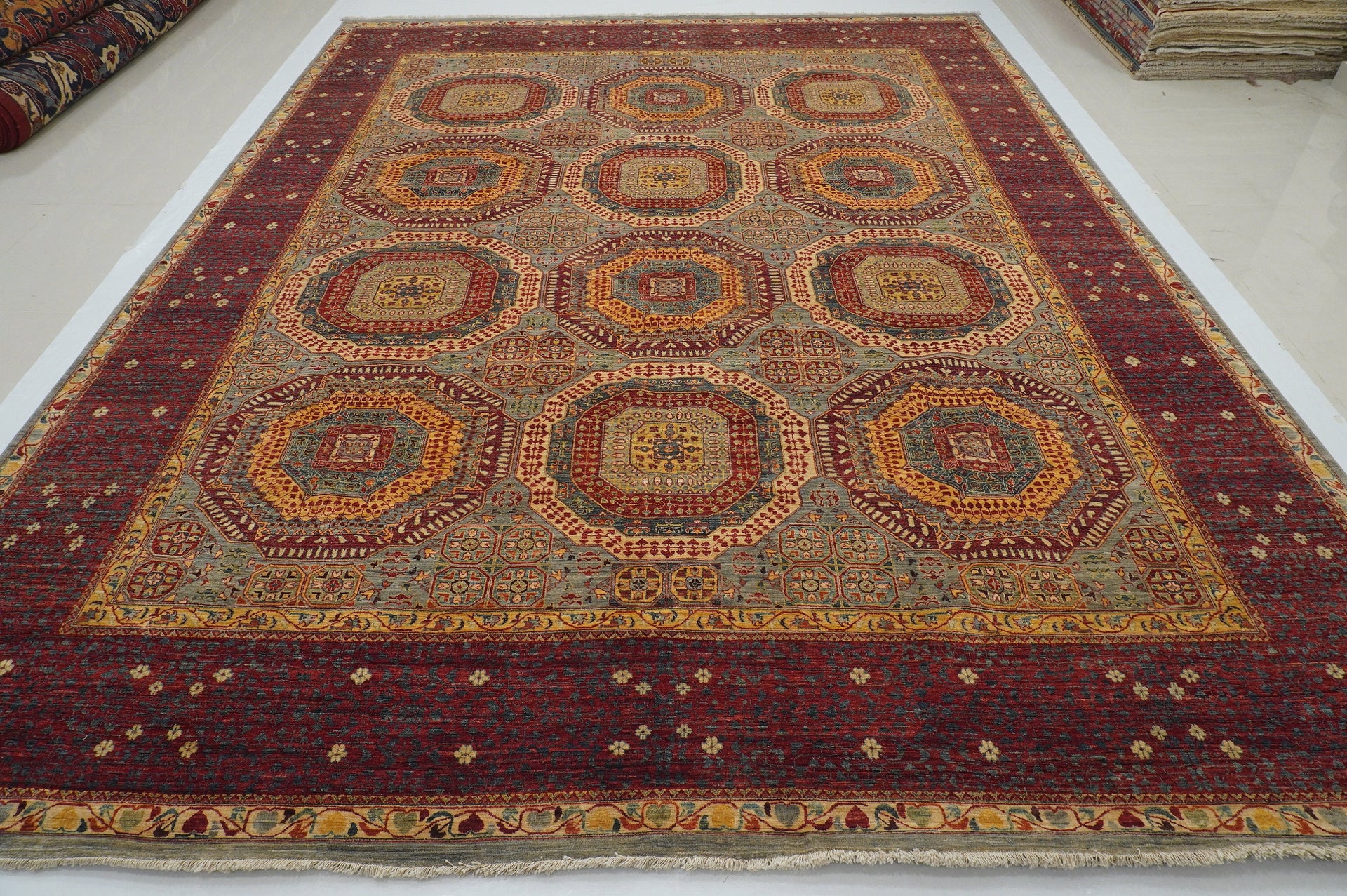 10x13 Mamluk Gray Red Turkish Hand knotted Geometric Rug - Yildiz Rugs