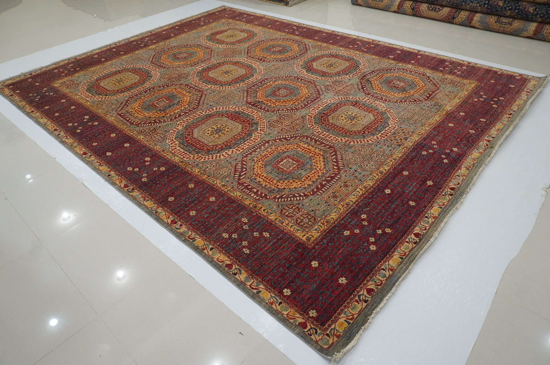 10x13 Mamluk Gray Red Turkish Hand knotted Geometric Rug - Yildiz Rugs