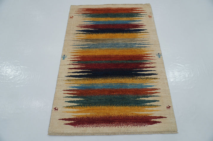 3x5 Modern Gabbeh Beige Multicolor Afghan Hand knotted Rug