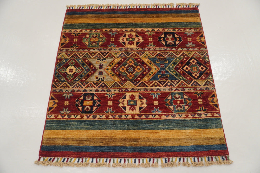 3x3 Tribal Square Red Afghan Hand knotted Wool Small Square Rug - Yildiz Rugs