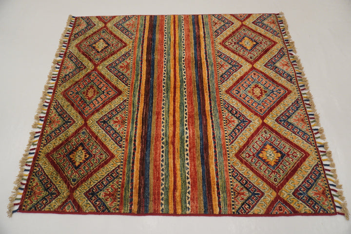 3x3 Red Tribal Square Striped Afghan Hand knotted Small Square Rug