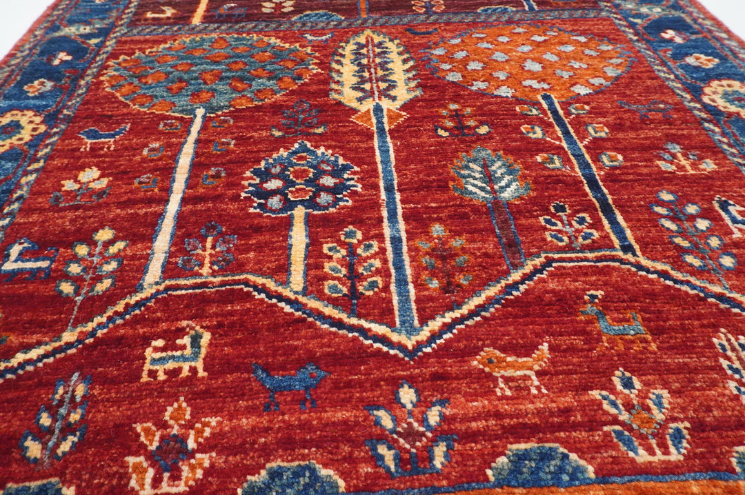 7 ft Gabbeh Red Landscape Tree of life Afghan Hand knotted Runner Rug
