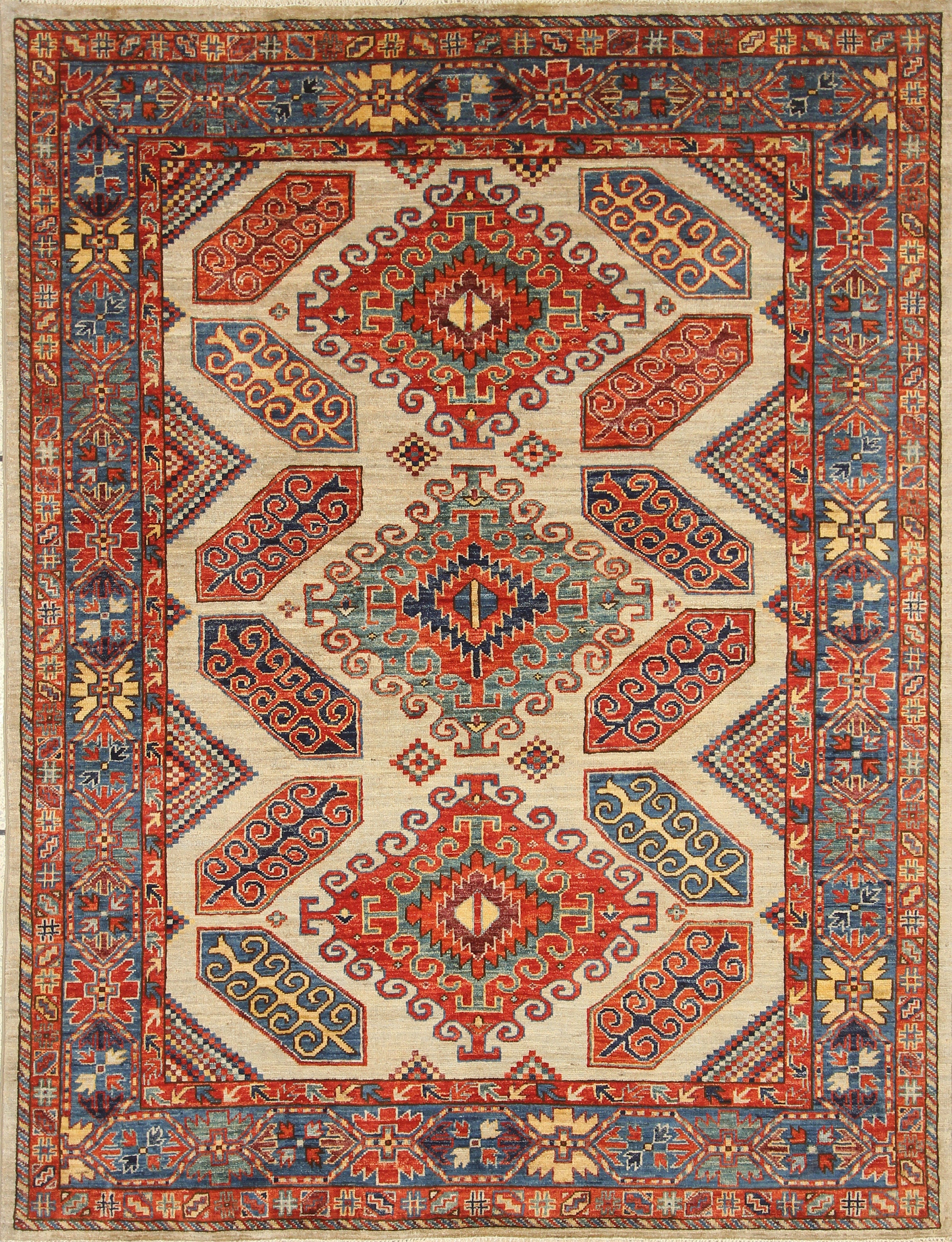 5x7 Gray Kazak Tribal Afghan Hand knotted Geometric Rug - Yildiz Rugs