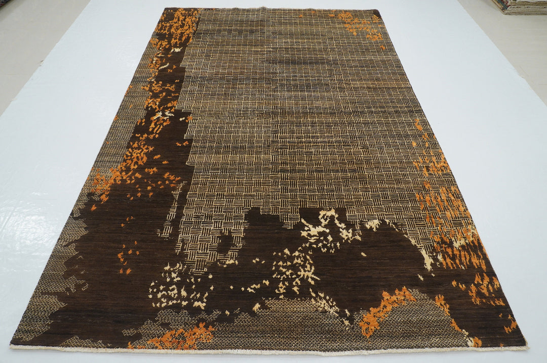 6x9 Brown Modern Afghan Hand knotted Abstract Rug