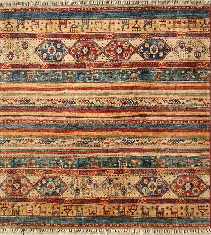 5x5 Tribal Gabbeh Red Multicolor Afghan Hand knotted Square Rug - Yildiz Rugs