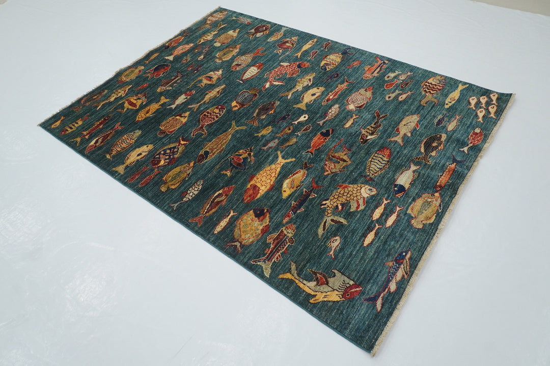 SOLD 5x7 Fish Gabbeh Dark Green Afghan Hand Knotted Rug