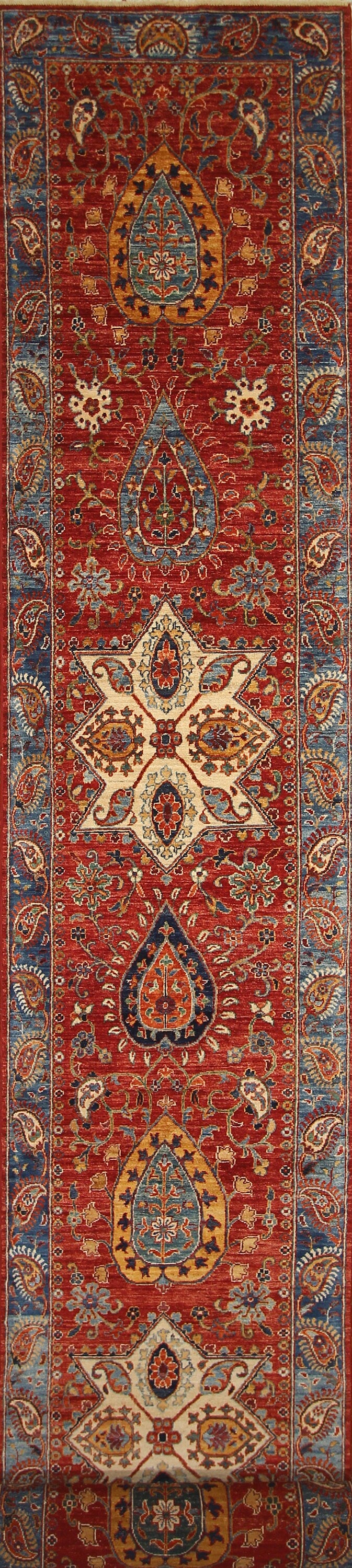 23 Ft Red Suzani Afghan Hand Knotted Extra Long Runner Rug - Yildiz Rugs