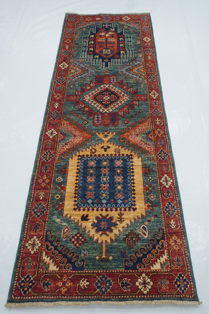 8 Ft Green Malayer Afghan hand knotted Oriental Runner Rug